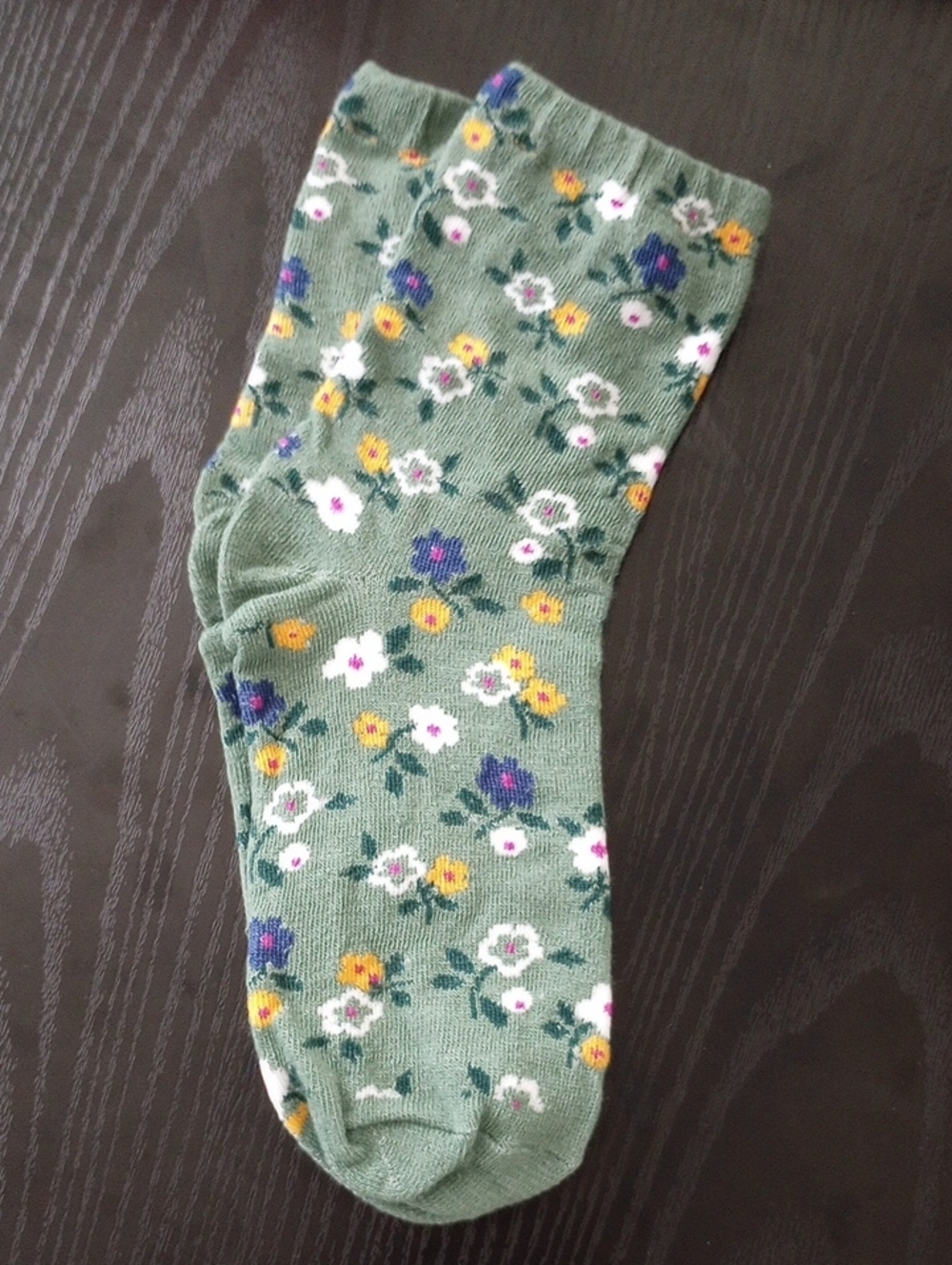 Olive Green Ditsy Floral Crew Socks with Multicolored Blooms